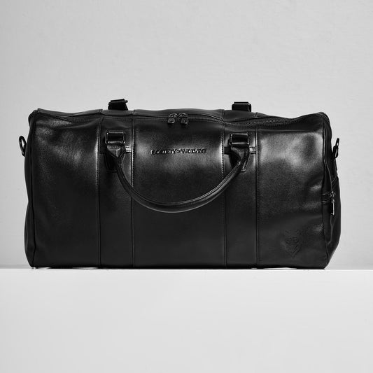 Black leather duffel bag