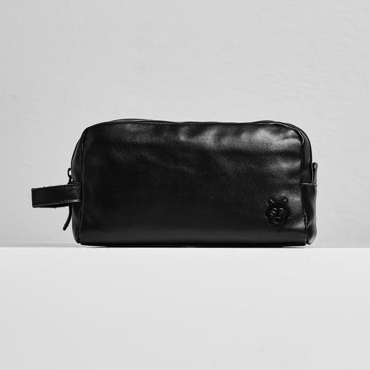Black leather toiletry bag