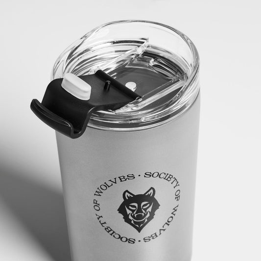 Society of Wolves tumbler with open lid