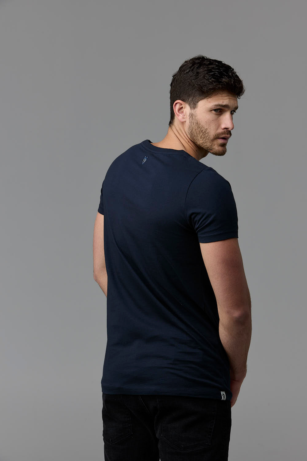 Man in navy t-shirt
