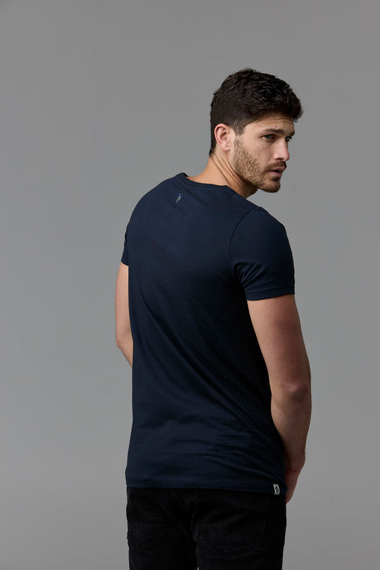 Man in navy t-shirt