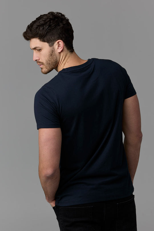 Man in navy t-shirt