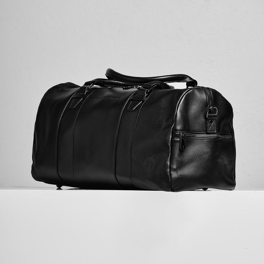 Black leather duffel bag